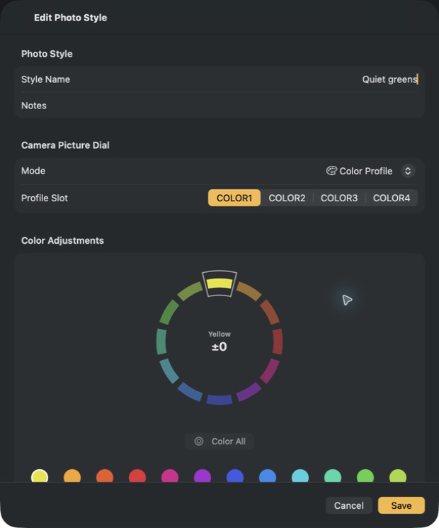Maitani’s Edit Photo Style sheet on Mac, showing the Quiet greens style, four color-profile slots, and the twelve-color adjustment wheel.